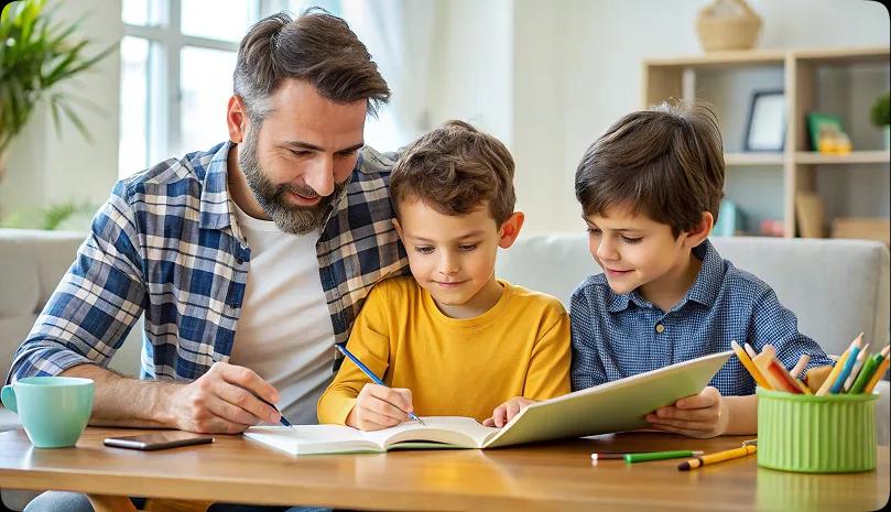 Parent helping children with homework